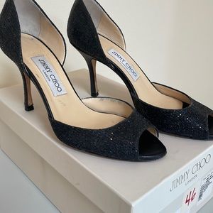 Jimmy Choo Black Glitter Peep toe Logan pumps